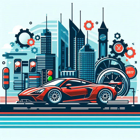 Vector illustration of a modern city with a car on the road.のイラスト素材