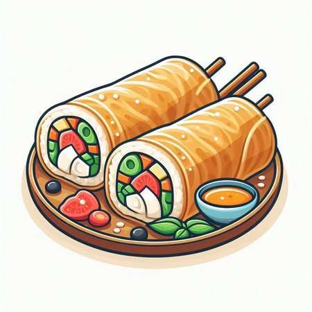 Illustration of japanese sushi rolls with fish, vegetables and sauceのイラスト素材