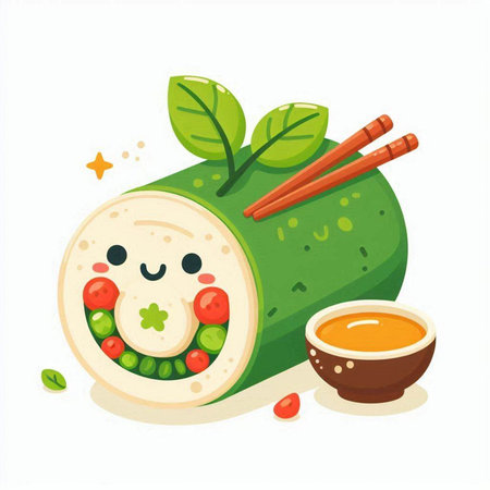 Sushi roll with vegetables and sauce. Vector illustration in cartoon styleのイラスト素材