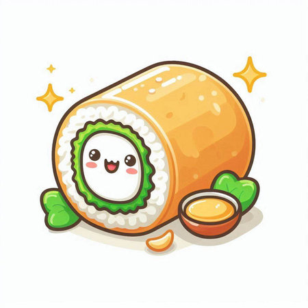 Illustration of a cute sushi roll mascot with wasabi and gingerのイラスト素材
