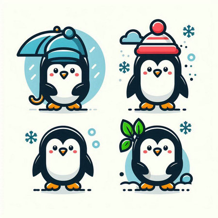 Cute penguins with winter hat and scarf. Vector illustration.のイラスト素材