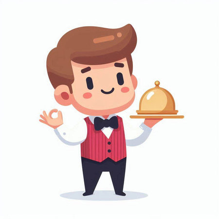 Waiter with a tray of food. Vector illustration in cartoon styleのイラスト素材
