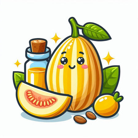 Cute melon fruit character with essential oil in a glass bottle vector illustrationのイラスト素材