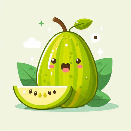 Cute cartoon watermelon character with green leaves, vector illustration.のイラスト素材