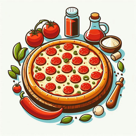 Pizza with tomato, pepper and mozzarella. Vector illustrationのイラスト素材