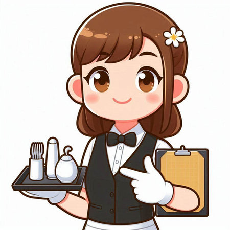 Waitress holding a tray of food on white background, vector illustrationのイラスト素材