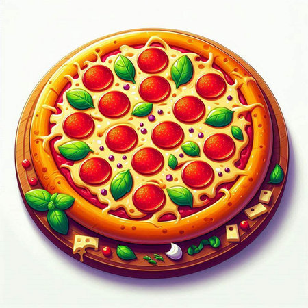 Illustration of a pizza with tomatoes and basil on a white backgroundのイラスト素材