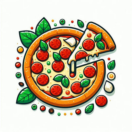 Pizza with mozzarella cheese, tomato and basil. Vector illustration.のイラスト素材