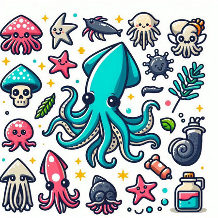 Set of cute hand drawn cartoon octopus, jellyfish, starfish, seaweed and other elements. Vector illustration.のイラスト素材
