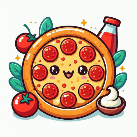 Cartoon pizza character with kawaii face. Vector illustration.のイラスト素材