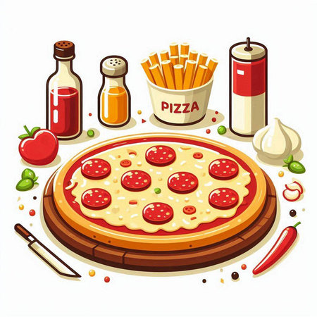 Pizza with pepperoni, tomato and french fries. Vector illustrationのイラスト素材