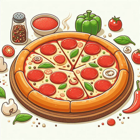Illustration of a pizza with pepperoni, tomato, mushrooms and basilのイラスト素材