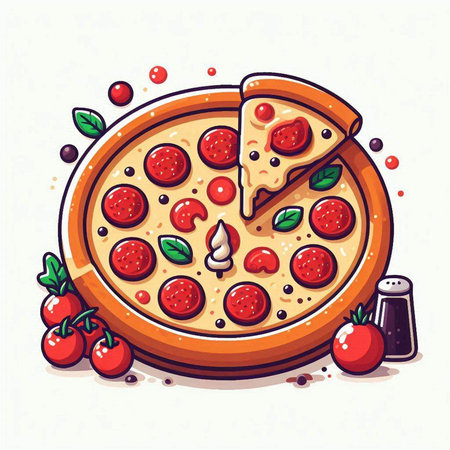 Pizza with pepperoni, tomato and basil. Vector illustration.のイラスト素材