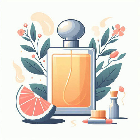 Perfume bottle and grapefruit on white background. Vector illustration.のイラスト素材