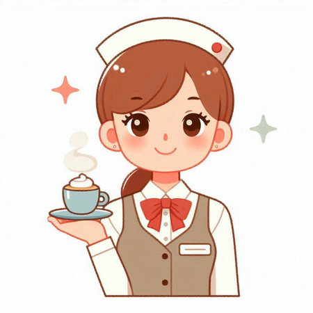 A female nurse wearing a uniform with a cup of cappuccinoのイラスト素材