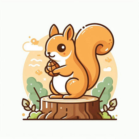 Cute squirrel sitting on a stump. Vector illustration in cartoon style.のイラスト素材