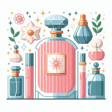 Perfume bottles and flowers. Vector illustration in cartoon style.のイラスト素材