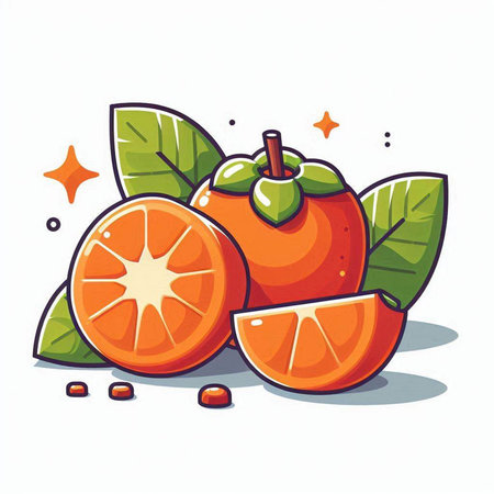 Fresh ripe persimmon fruit with green leaves. Vector illustration.のイラスト素材