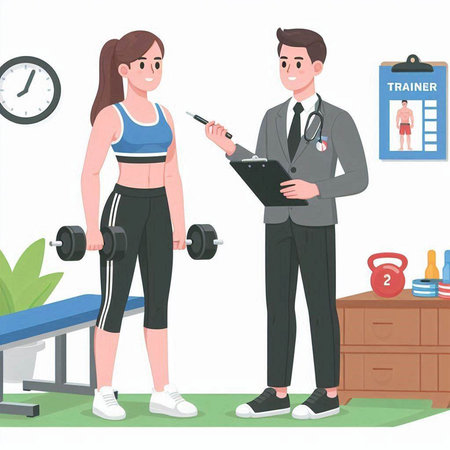 Personal trainer and woman in the fitness club. Vector illustration in cartoon style.のイラスト素材