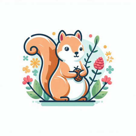 Cute squirrel with nut and flowers. Vector illustration in cartoon style.のイラスト素材