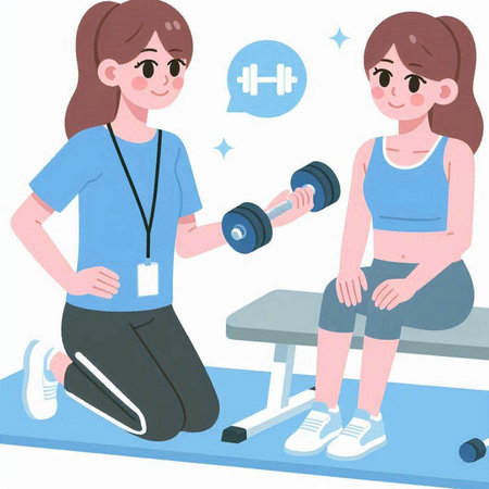 Illustration of a young woman lifting dumbbells with a personal trainerのイラスト素材