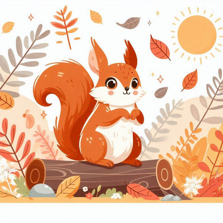 Cute squirrel sitting on a log in the autumn forest. Vector illustration.のイラスト素材