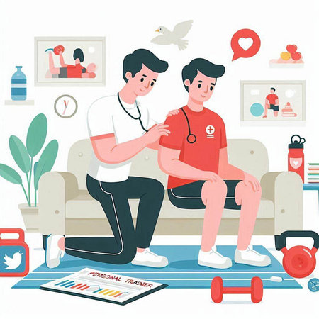 Young man doing physical exercises at home with physiotherapist. Flat vector illustration.のイラスト素材
