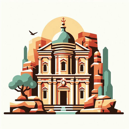 Orthodox church on the background of mountains. Vector illustration in retro style.のイラスト素材