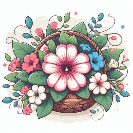 Basket with flowers and leaves. Hand drawn illustration. Vector.のイラスト素材