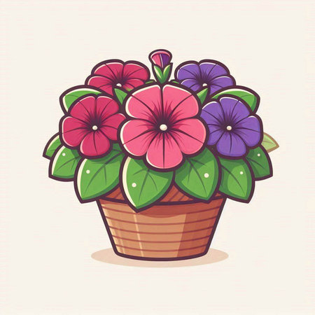 Illustration of a flower in a pot with pink petunia flowersのイラスト素材