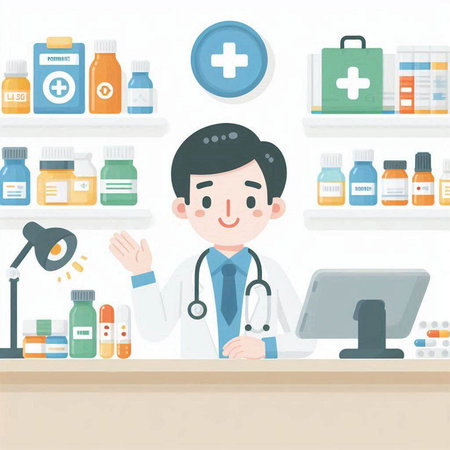 Illustration of a male pharmacist at the counter in a pharmacyのイラスト素材