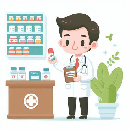Male pharmacist at the counter of a drugstore, vector illustrationのイラスト素材