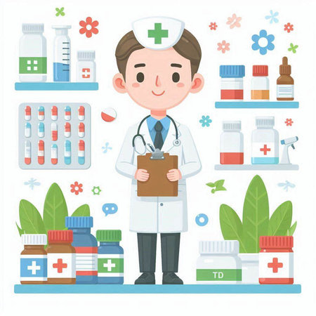 Male doctor and various medical products. Vector illustration in flat style.のイラスト素材