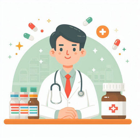Male doctor with stethoscope and medicine bottles. Vector illustration.のイラスト素材