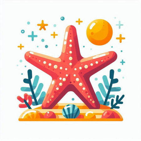 Starfish on the beach. Vector illustration in flat cartoon style.のイラスト素材