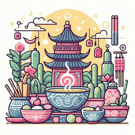 Vector illustration of chinese temple in flat line style. Vector illustrationのイラスト素材
