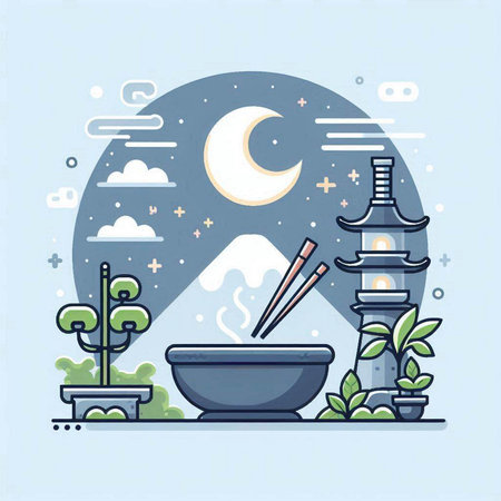 Vector illustration of japanese food in flat style with moon and cloudsのイラスト素材