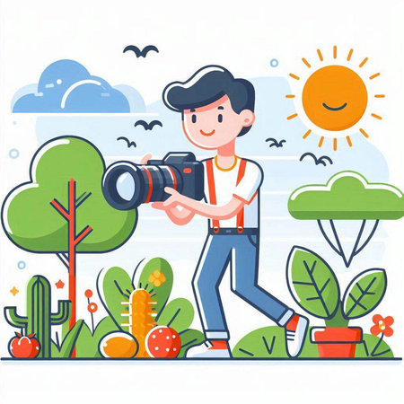 Photographer with camera on the background of nature. Vector illustration.のイラスト素材