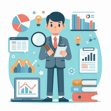 Businessman with magnifying glass, laptop and charts. Vector illustrationのイラスト素材