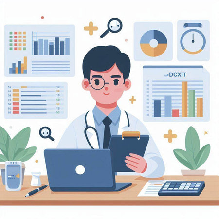 Doctor working with laptop in office. Vector illustration in flat style.のイラスト素材