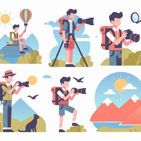Photographer with camera. Vector illustration in flat style. Set of illustrationsのイラスト素材