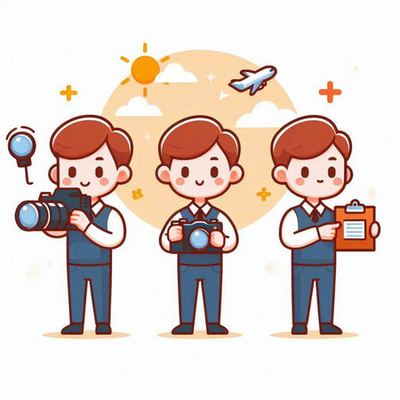 Photographer and cameraman with camera and checklist.Vector illustration.のイラスト素材