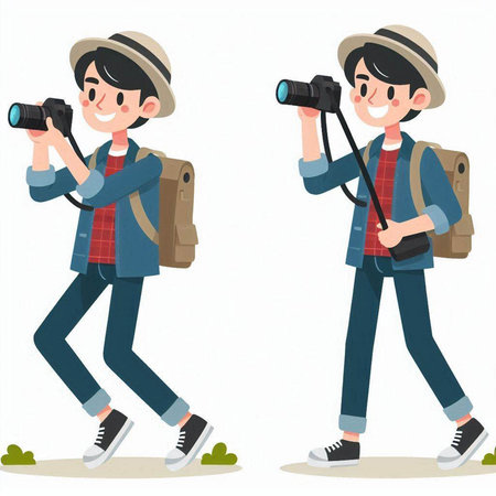 Young man and woman with camera. Vector illustration in cartoon style.のイラスト素材