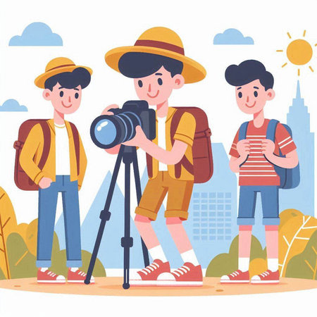 Tourist men with camera and backpack. Vector illustration in flat styleのイラスト素材