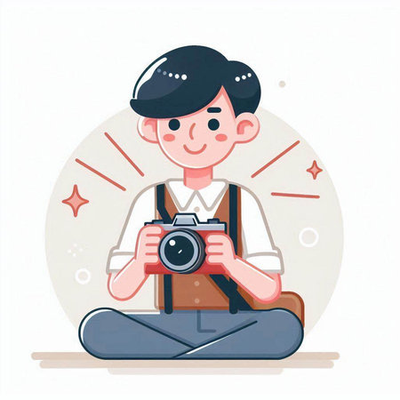 Young man taking photo with camera. Vector illustration in flat style.のイラスト素材