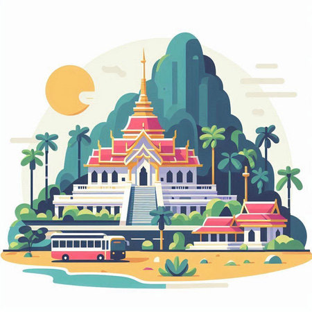 Buddhist temple on the beach. Vector illustration in flat styleのイラスト素材