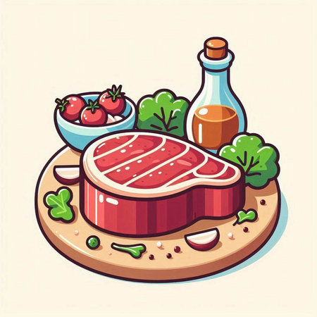 Illustration of a beef steak with vegetables on a cutting board.のイラスト素材