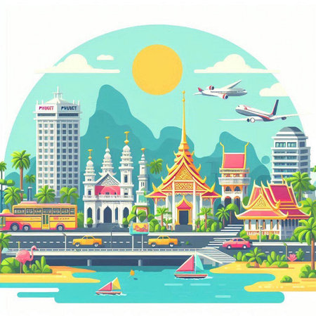 Cityscape of Thailand. Vector illustration in flat style. Travel concept.のイラスト素材