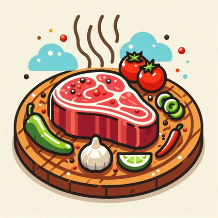 Steak with vegetables on a round wooden board. Vector illustration.のイラスト素材