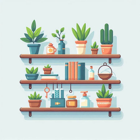 Shelves with houseplants. Vector illustration in flat styleのイラスト素材